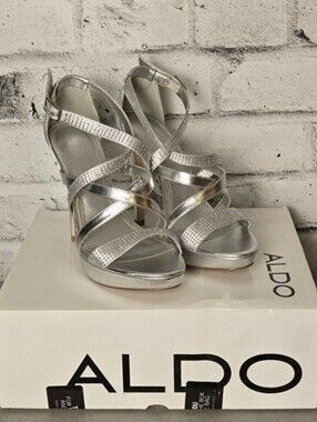 Aldo Narciso Silver Rhinestone Platform Heels Strappy Sandals EU 39